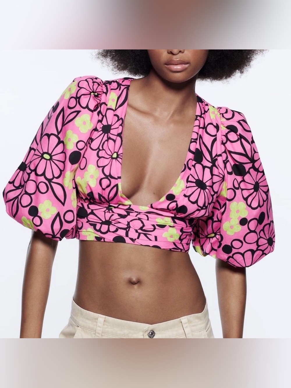 Zara Floral Puff-Sleeve Pink Crop Top size L